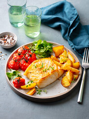 Wall Mural - Roasted cod, codfish with baked potatoes and cherry tomatoes on plate. Grey background.