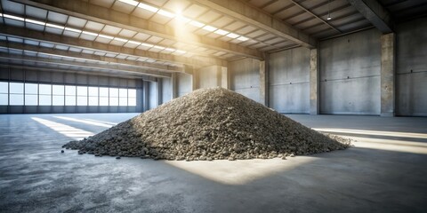 Poster - A large pile of aggregate sits in the center of a concrete warehouse floor, bathed in the warm light filtering through the skylights.