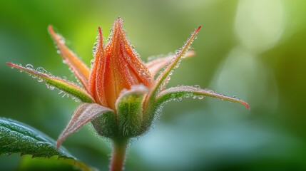 Poster - Delicate Orange Rosebud with Dew Drops on Green Background