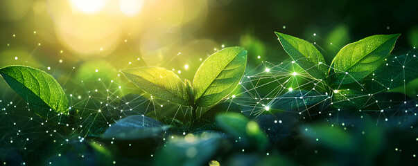 Poster - Green Leaves Illuminated By Sunlight Connected By Light Network