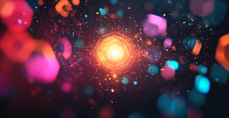 Poster - Vibrant abstract design of glowing particles and shapes with a central light source in a dark background