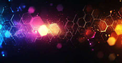 Poster - Colorful abstract geometric pattern in vibrant hues with glowing effects highlighting hexagonal shapes