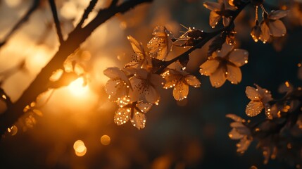 Poster - Beautiful Cherry Blossoms with Sunset and Dew Drops Glowing