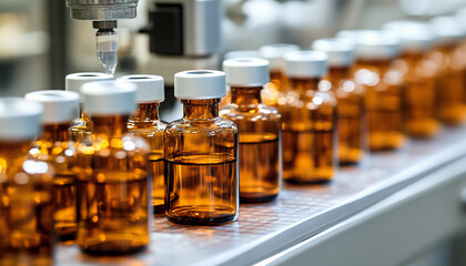 Poster - Bottles filled and prepared for pharmaceutical packaging line