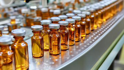 Poster - Bottles of amber liquid on a production line in a lab