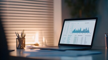 Wall Mural - A laptop displaying data analysis graphs sits on a desk, illuminated by soft lighting, with stationery in a holder nearby.