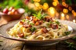 © Kaveepat - Indulge in a creamy pasta dish featuring fresh herbs and savory bacon, showcasing the essence of Italian cuisine through gourmet presentation and delightful flavors.