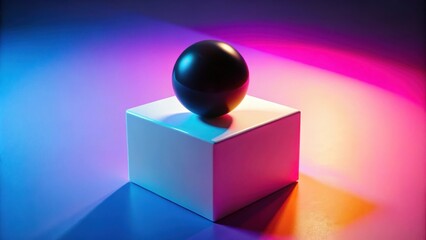 Aufkleber - A black sphere resting atop a white cube, bathed in vibrant blue and pink light, creating a dynamic composition of geometric shapes and color gradients.