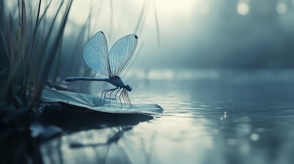 Poster - Serene Dragonfly on Leaf in Misty Morning Light Near Water Surface