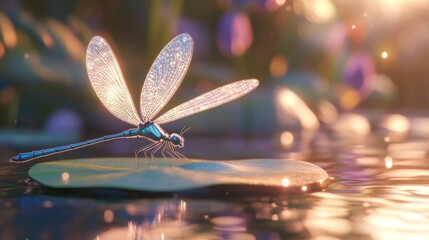 Aufkleber - Shimmering Dragonfly on Lily Pad at Sunset with Soft Reflections