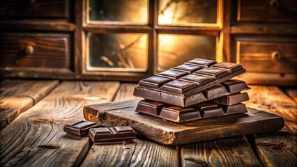 Poster - A stack of rich dark chocolate bars on a rustic wooden cutting board, bathed in the warm glow of a window