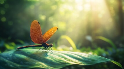 Aufkleber - Majestic Orange Dragonfly Perched on Bright Green Leaf in Forest