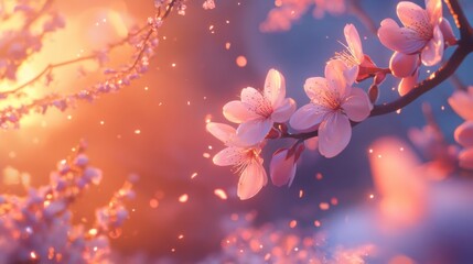 Poster - Delicate Cherry Blossom Flowers in Soft Sunset Glow and Sparkles