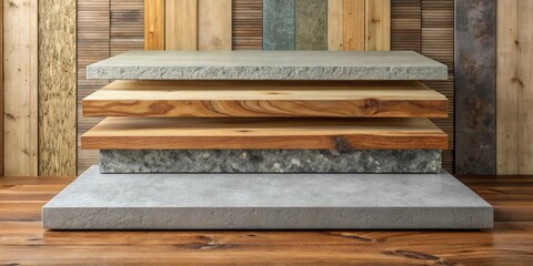 Poster - Stacked Platform of Concrete, Wood and Granite Tiles on a Wooden Background