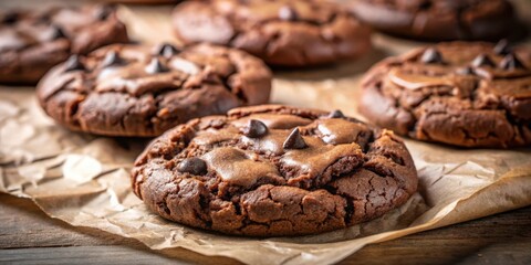 Poster - Close-up of freshly baked chocolate chip cookies resting on parchment paper, their rich brown surface glistening with a delicate sheen, showcasing the irresistible allure of a homemade treat.