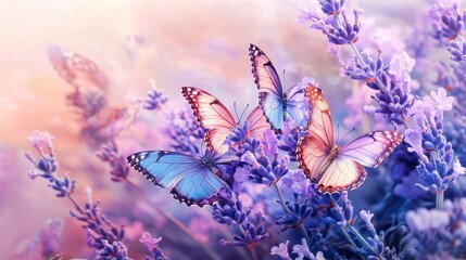 Poster - Colorful Butterflies on Lavender Flowers in Soft Natural Light