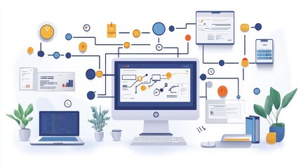 Poster - business process and workflow automation with flowchart scheme of hierarchy management of corporate and processing managemen