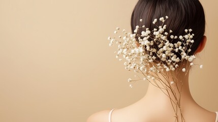 Poster - woman with natural hairstyle decorated with dried flowers in a minimalist setting