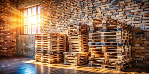 Poster - Sunlight streaming through a window illuminates a stack of wooden pallets against a brick wall.