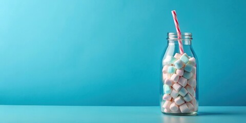 Poster - A Glass Jar Filled with Colorful Marshmallows and a Pink and White Striped Straw on a Light Blue Background