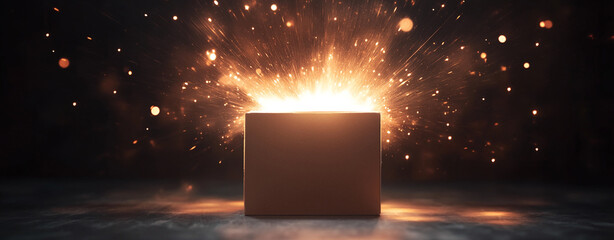 Poster - Celebration of light as sparks erupt from an opened box in a darkened environment during a festive moment