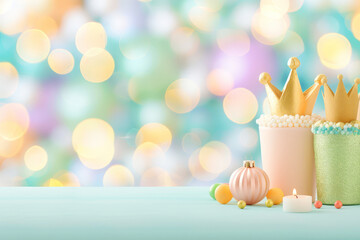 Wall Mural - Golden crowns and colorful ornaments placed on a pastel surface with bokeh lights in the background. Perfect for festive, royal, or holiday themes.