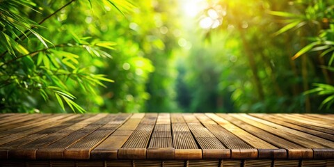 Poster - A natural bamboo tabletop with a soft-focus backdrop of vibrant green foliage, sunlight filtering through the leaves creating a serene atmosphere.