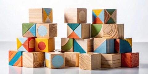 Aufkleber - A vibrant collection of wooden blocks, each painted with geometric shapes and colors, creating a visually engaging and stimulating arrangement.