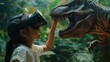 © GenAi - Girl Kid Wearing VR Headset feeling excited experiancing Virtual Dinosaur | Kid Wearing Virtual Reality Glasses | Augmented Reality Experience