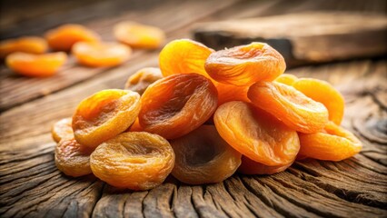 Poster - A pile of dried apricots on a rustic wooden surface, displaying their vibrant orange hue and wrinkled texture.