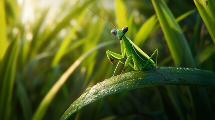 Aufkleber - Close-up of Green Praying Mantis on Dewy Green Leaf
