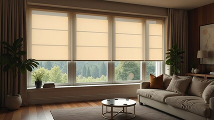Poster - A living room with a couch, two potted plants, and three windows