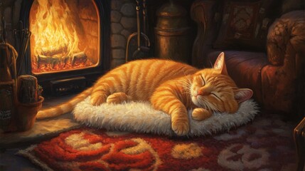 Poster - Relaxing Orange Cat Sleeping by Cozy Fireplace in Warm Living Room