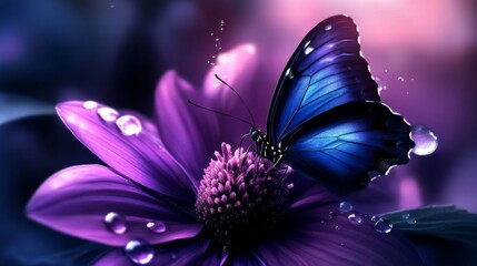 Poster - Vibrant Blue Butterfly on Purple Flower with Dew Drops in Nature
