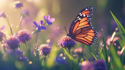 Poster - Majestic Monarch Butterfly on Colorful Wildflower Meadow Scene
