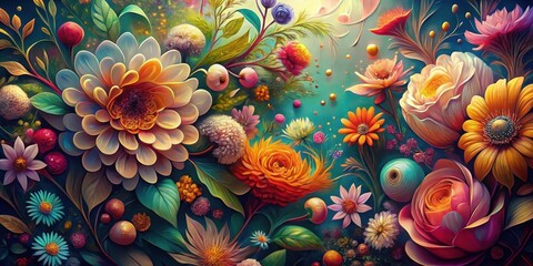 Poster - A vibrant floral tapestry woven with petals of every hue, where delicate blossoms dance amidst swirling patterns and glowing orbs, a mesmerizing explosion of color and beauty.