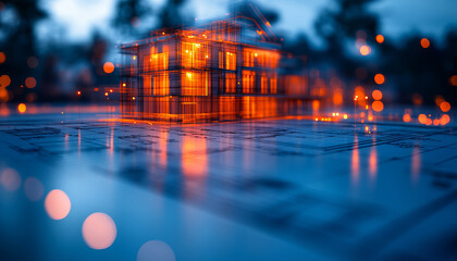 Poster - detailed blueprint with glowing house model overlay, showcasing design