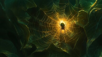 Poster - Spider in Web Surrounded by Green Leaves with Ethereal Glow