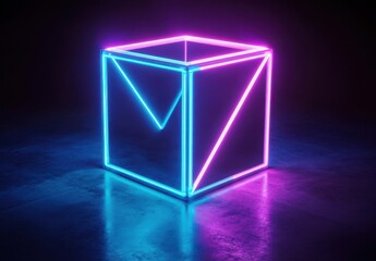 Poster - Futuristic Neon Cube with Blue and Pink Glow on a Dark Background, Ideal for Creative and Technological Concepts in Visual Media or Digital Art Projects