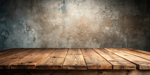 Aufkleber - A rustic wooden table top set against a weathered concrete wall, creating a backdrop for showcasing products or presentations.