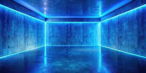 Fototapete - A blue-lit concrete room with a wet floor, creating a futuristic and slightly eerie atmosphere