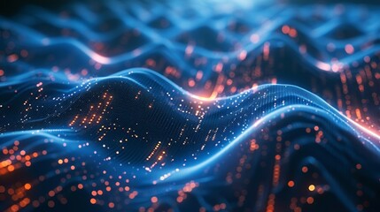 Poster - brightly illuminated digital landscape with flowing waves of light and texture in a virtual environm