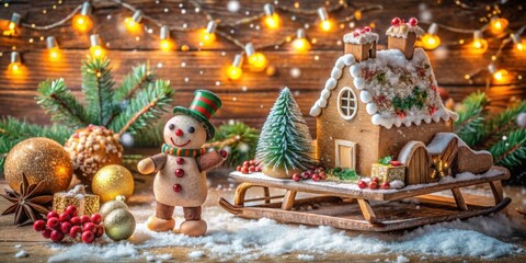 Poster - A Cheerful Snowman Stands Beside a Cozy Winter Cottage Decorated with Festive Lights and Snow
