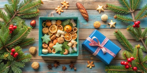 Poster - A blue gift box adorned with a festive red and white ribbon sits amongst sprigs of evergreen and a box filled with festive baked goods and dried fruit.
