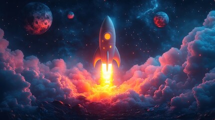 Poster - cartoon style planet and rocket 3d rendering