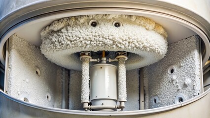 Aufkleber - Close-up of a heavily frosted industrial cooling system with visible internal mechanisms and a thick layer of frost on the interior surfaces