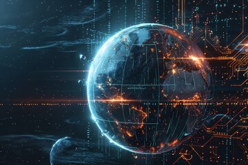 Poster - Futuristic depiction of Earth surrounded by data streams and technology against a starry backdrop