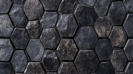 Poster - Textured Hexagonal Stone Tiles Forming an Elegant Modern Background, Ideal for Interior Design, Architecture, and Creative Projects Featuring Dark Shades