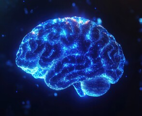 Poster - Vibrant Blue Abstract Representation of a Human Brain with Digital Particles Illuminating the Surface and a Dark Background for Science and Technology Themes