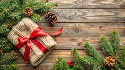 Poster - A Wrapped Gift Decorated with a Red Bow Resting on a Rustic Wooden Background Surrounded by Evergreen Branches and Pine Cones